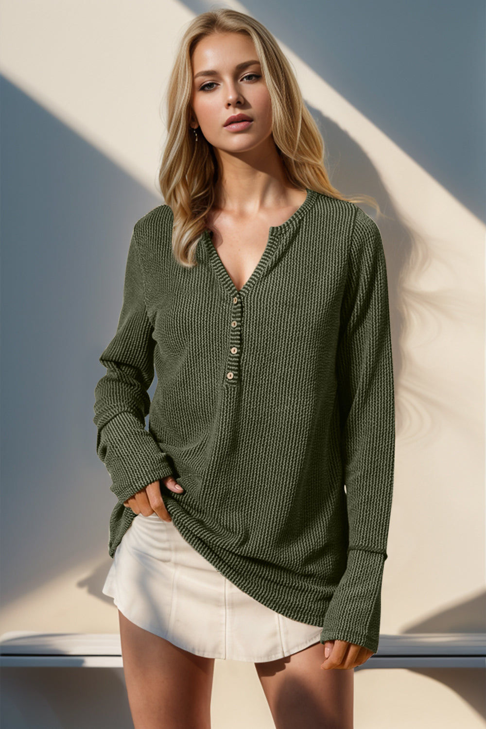 Ribbed Notched Thumbhole Long Sleeve Top by Double Take - Olive (Ships in 2-3 Weeks)