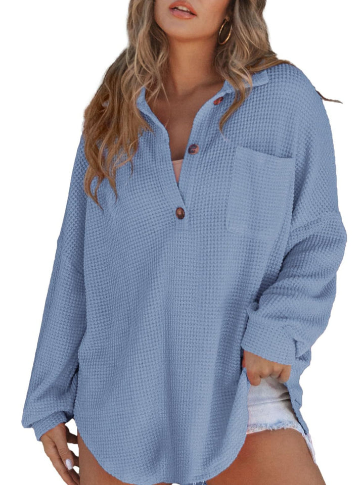 Waffle Drop Shoulder Long Sleeve Pullover (Ships in 2-3 Weeks)