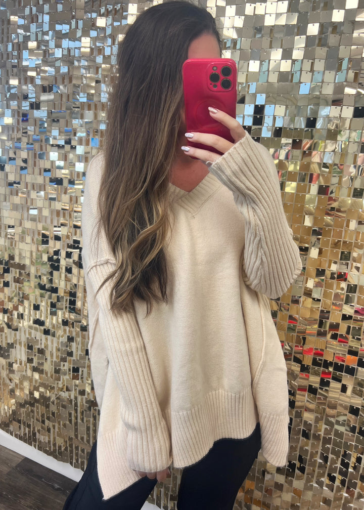 Slit V-Neck Dropped Shoulder Sweater (Ships in 2-3 Weeks)