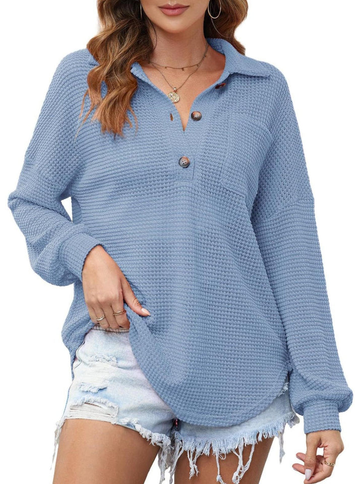 Waffle Drop Shoulder Long Sleeve Pullover (Ships in 2-3 Weeks)