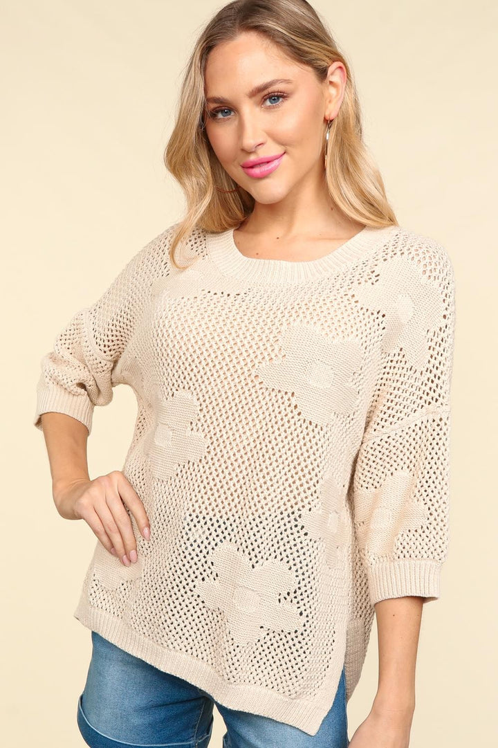 Floral Crochet Sweater Top - Oatmeal (Ships in 1-2 Weeks)