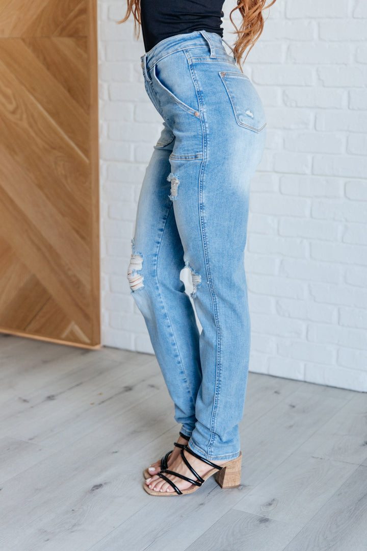 Aiden High Rise Patch Pocket Distressed Boyfriend Jeans by Judy Blue