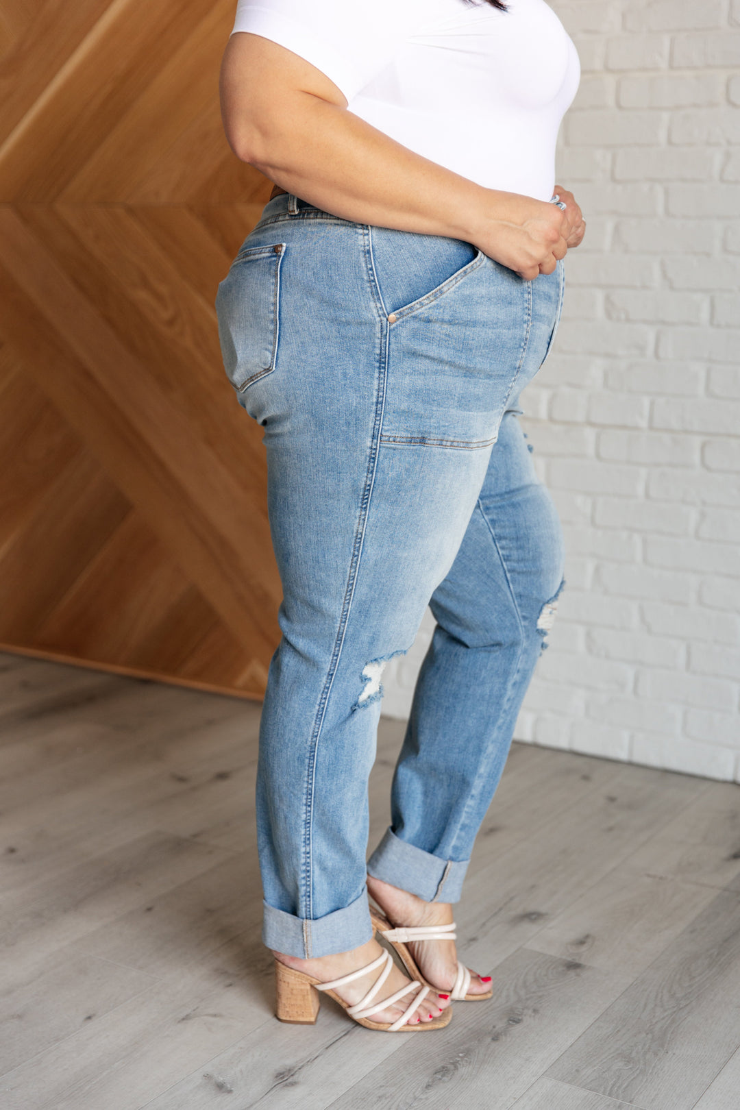 Aiden High Rise Patch Pocket Distressed Boyfriend Jeans by Judy Blue