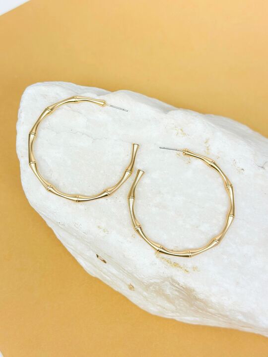 Bamboo Matte Metal Hoop Earrings - Gold