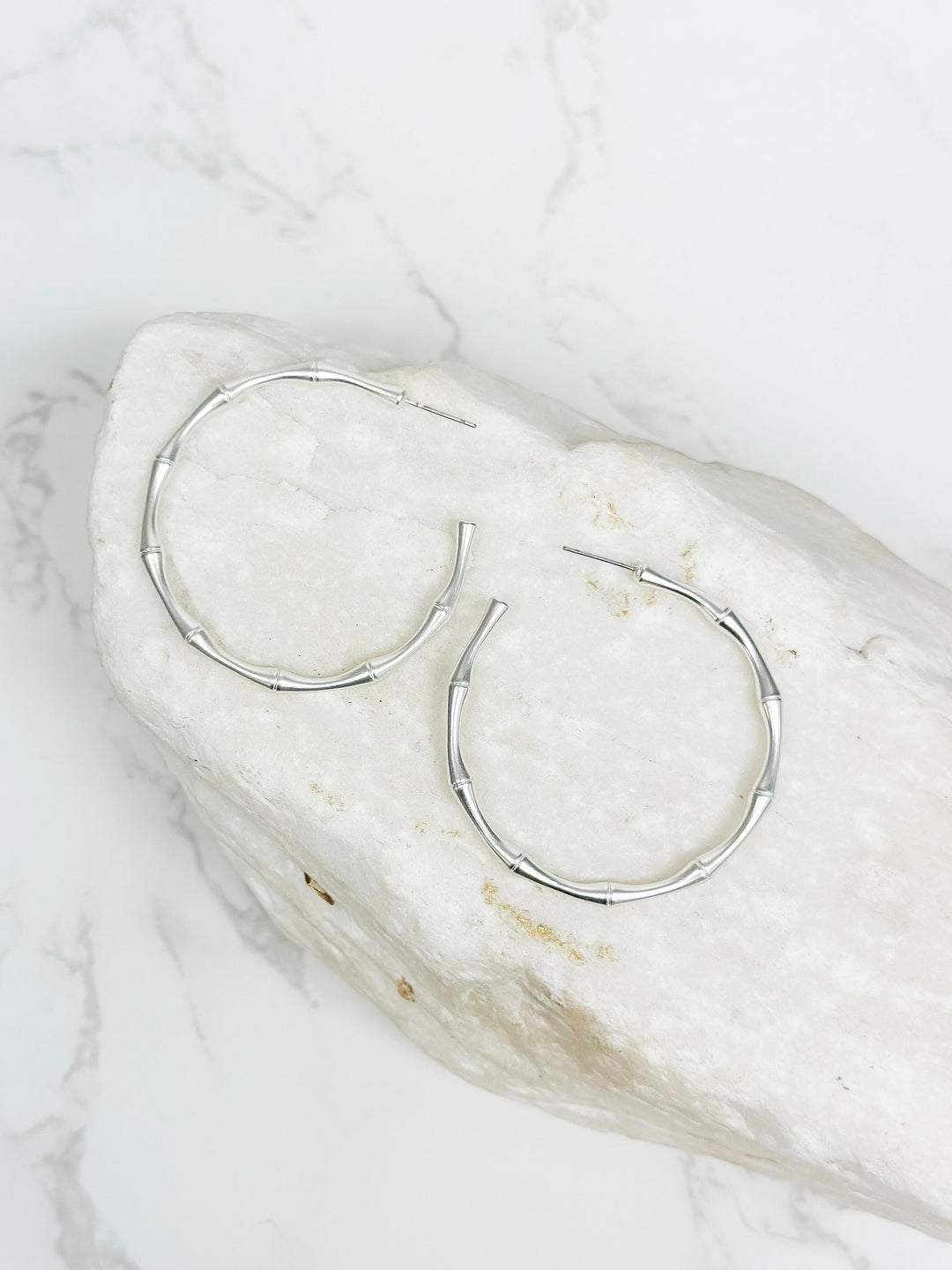 Bamboo Matte Metal Hoop Earrings - Silver