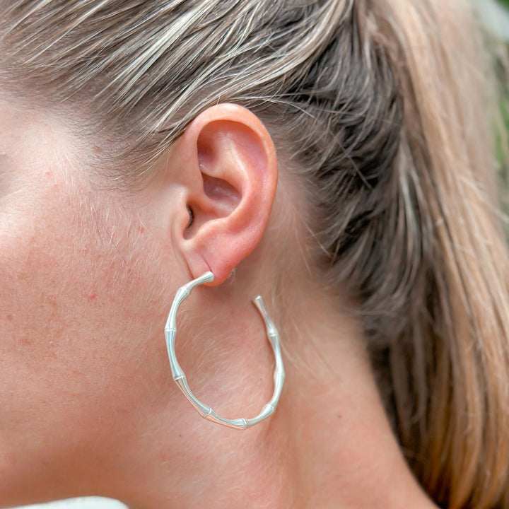 Bamboo Matte Metal Hoop Earrings - Silver