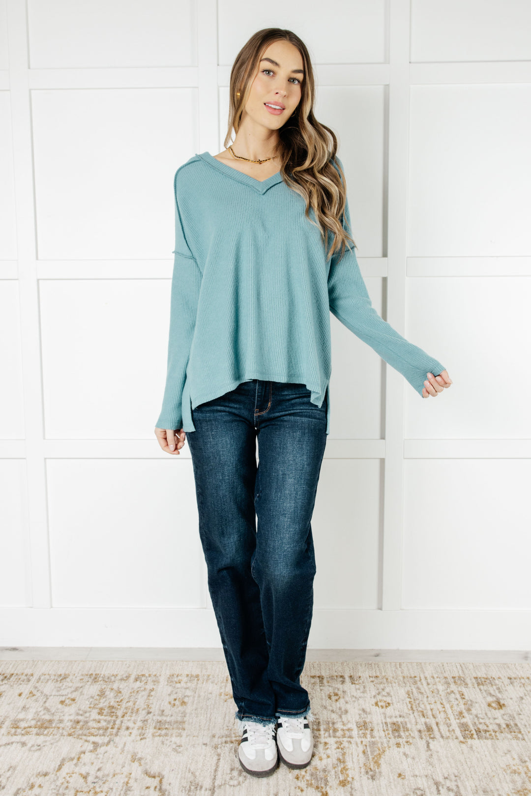 Basically Freezing Brushed Hacci Top in Dusty Teal - 1/1