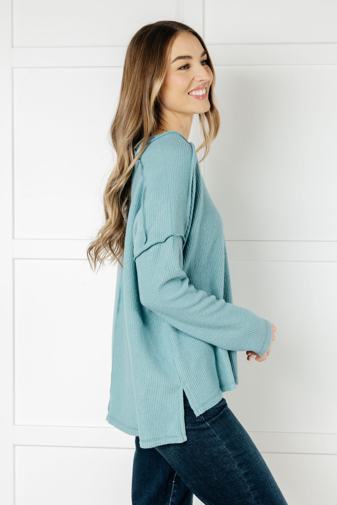 Basically Freezing Brushed Hacci Top in Dusty Teal - 1/1