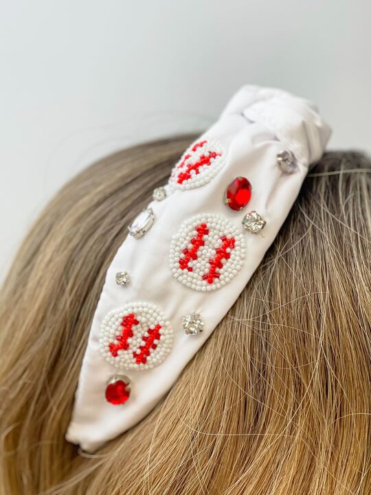 Beaded Baseball Embellished Headband - White