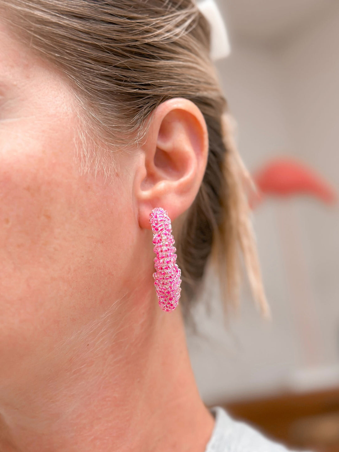 Beaded Cluster Open Hoop Earrings - Hot Pink