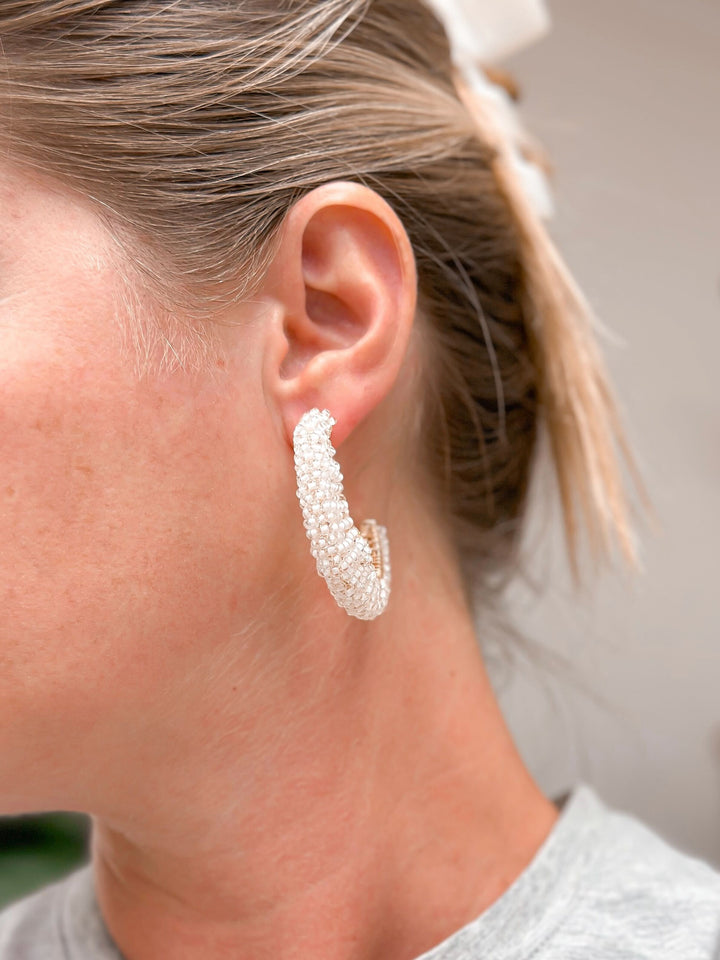 Beaded Cluster Open Hoop Earrings - White