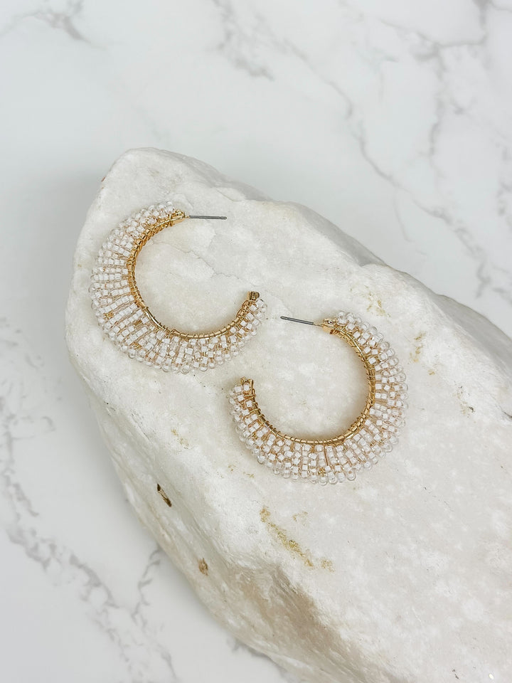 Beaded Cluster Open Hoop Earrings - White