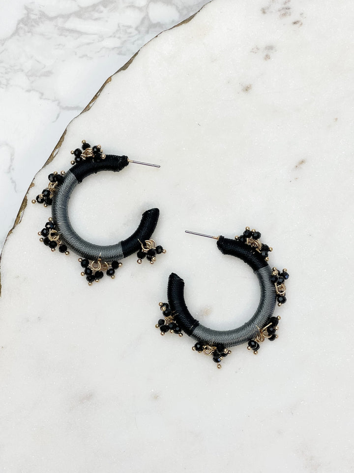 Beaded Floral Embellished Hoop Earrings - Black