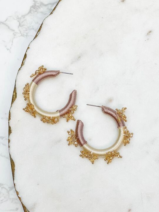 Beaded Floral Embellished Hoop Earrings - Gold