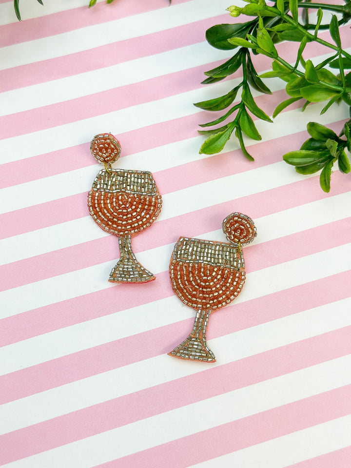 Beaded Wine Glass Dangle Earrings - Rosé