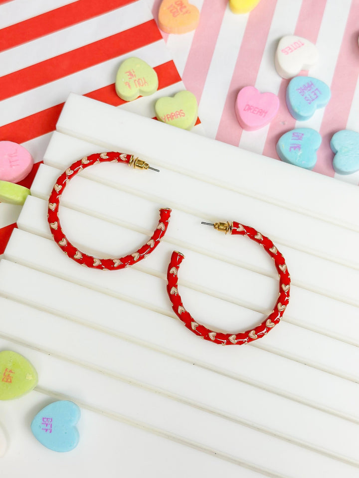 Big Heart-Patterned Enamel Hoop Earrings - Red