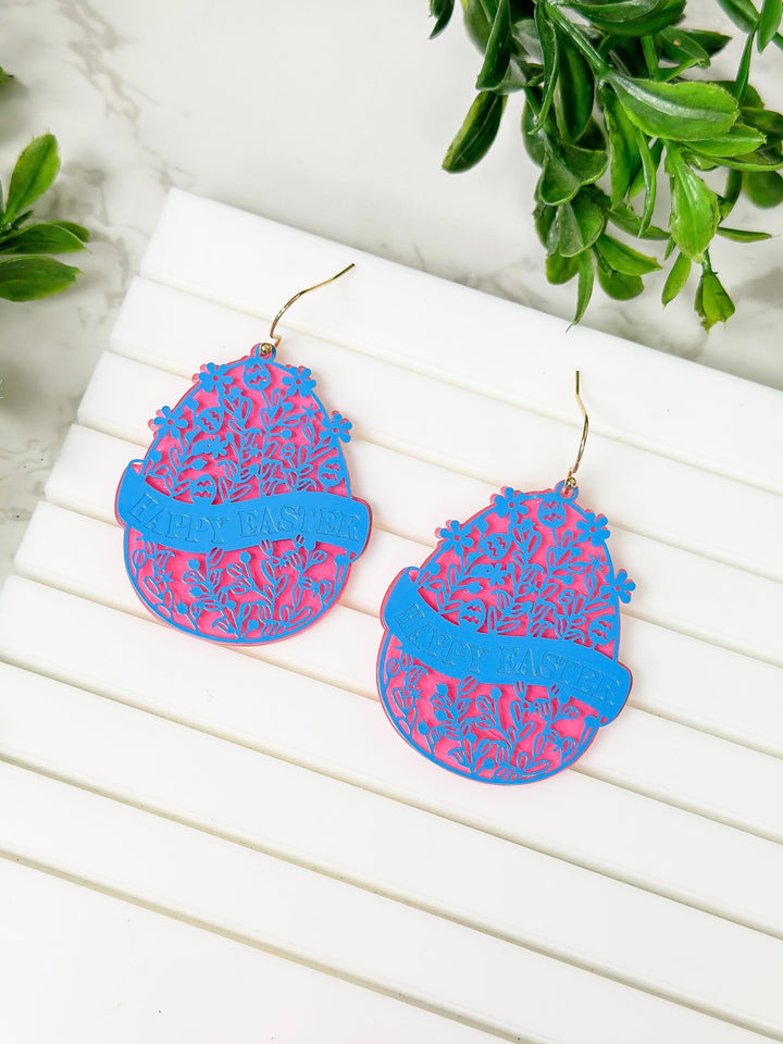 Blooming Floral 'Happy Easter' Egg Dangle Earrings - Blue