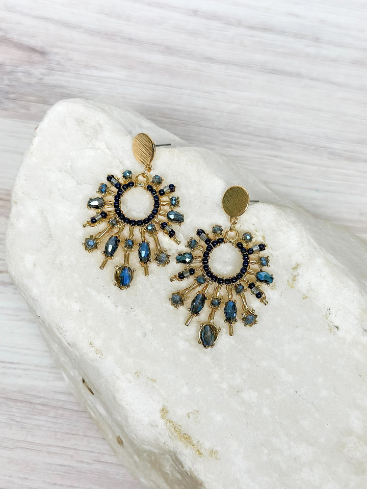 Blue Beaded Burst Dangle Earrings