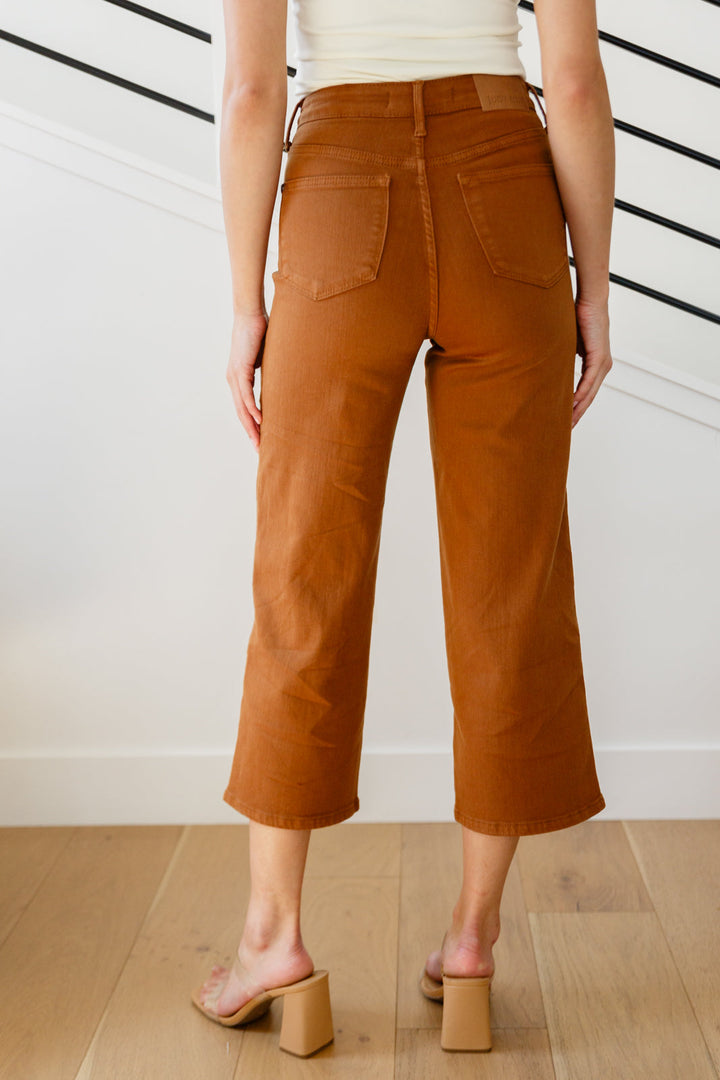 Briar High Rise Control Top Wide Leg Crop Jeans in Camel by Judy Blue