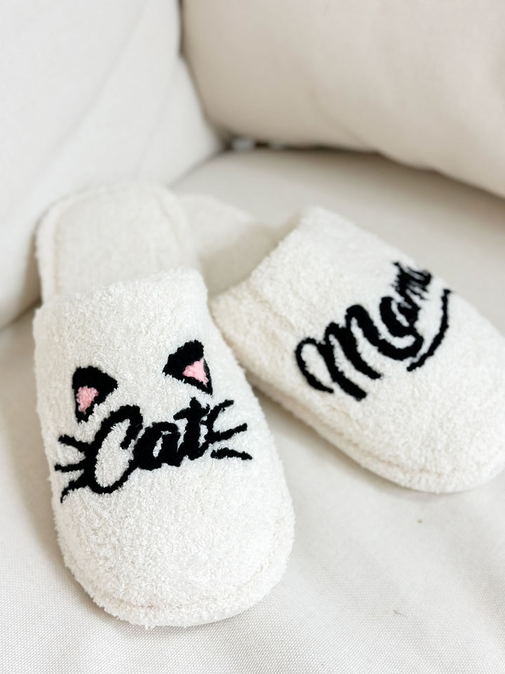 'Cat Mama' Embroidered Fuzzy Slippers