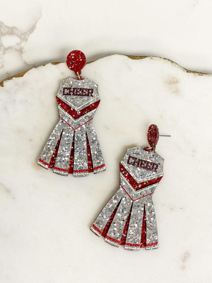 Glitter Cheerleader Dress Dangle Earrings - Silver & Burgundy