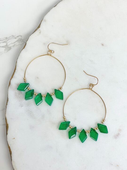 Christmas Diamond Bead Hoop Dangle Earrings - Green