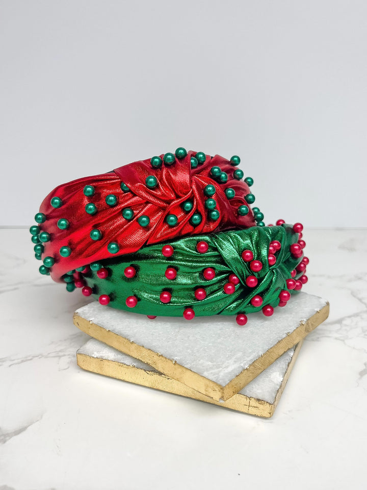 Christmas Pearl Embellished Top Knot Headband - Green