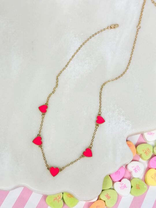 Classic Pink Heart Enamel Station Necklace