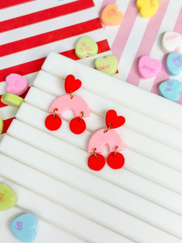 Heart Dangle Arch Earrings - Pink