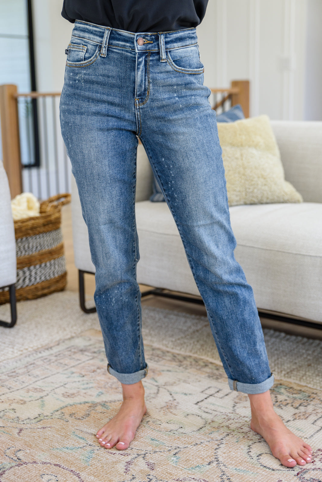 Corey Hi Rise Bleach Splash Boyfriend Jeans by Judy Blue