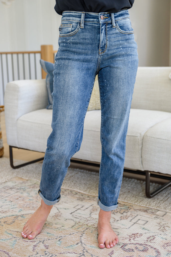 Corey Hi Rise Bleach Splash Boyfriend Jeans by Judy Blue