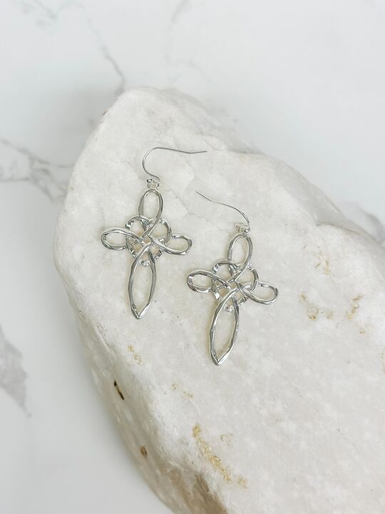 Heart Cross Dangle Earrings - Silver