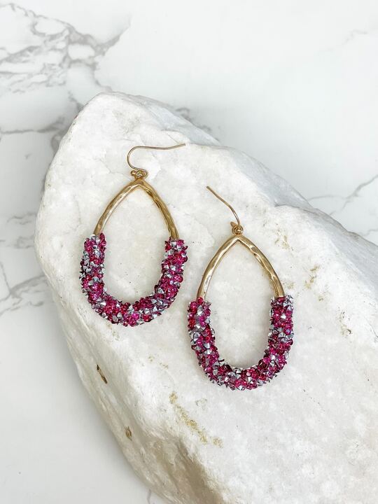 Crystal Encrusted Gold Teardrop Dangle Earrings - Fuchsia