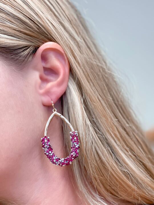 Crystal Encrusted Gold Teardrop Dangle Earrings - Fuchsia