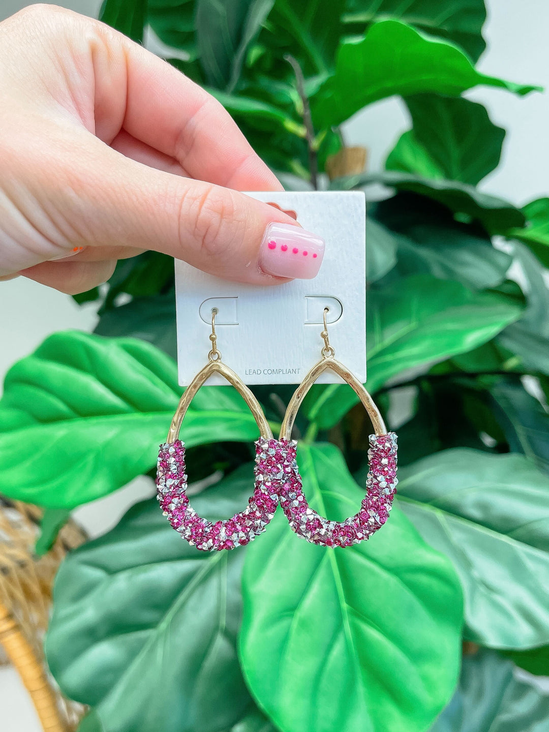 Crystal Encrusted Gold Teardrop Dangle Earrings - Fuchsia