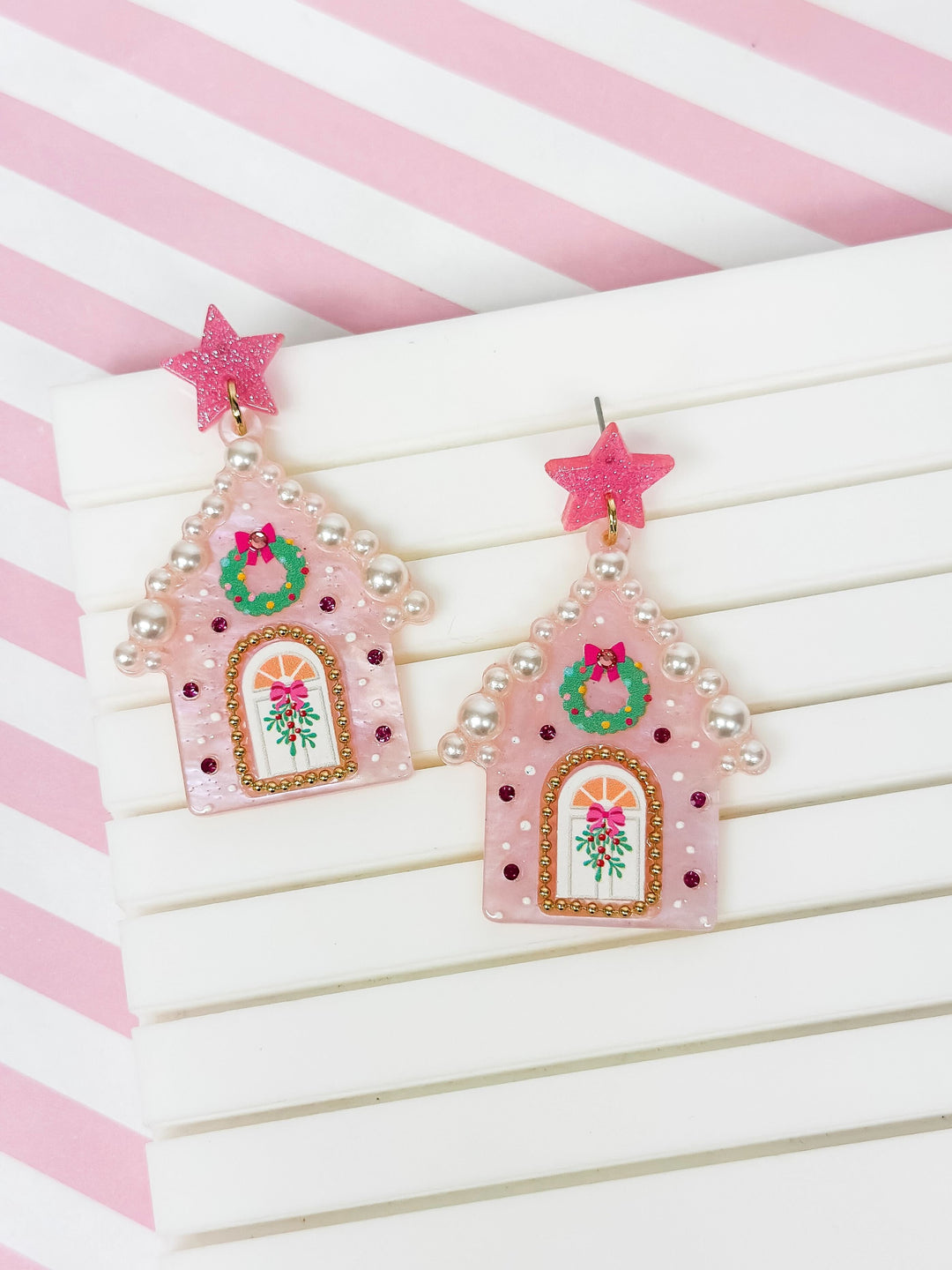 Decorative Pearl Christmas House Dangle Earrings - Pink