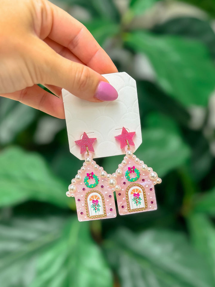 Decorative Pearl Christmas House Dangle Earrings - Pink