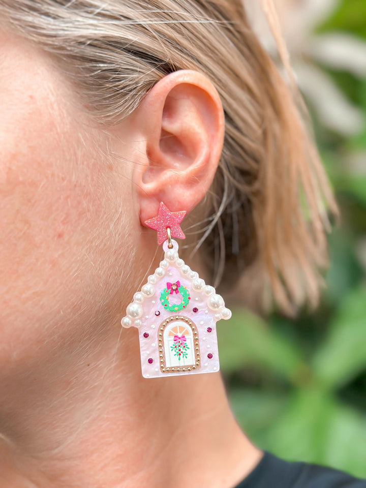 Decorative Pearl Christmas House Dangle Earrings - Pink