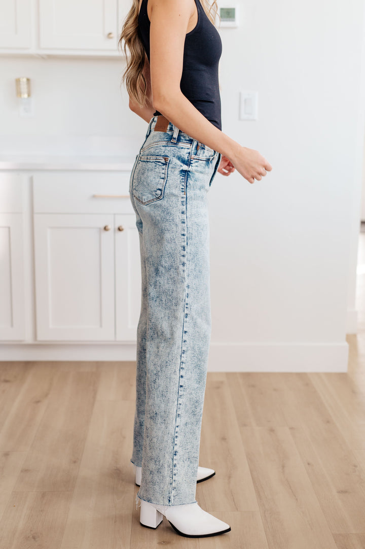 Dory High Waist Mineral Wash Raw Hem Wide Leg Jeans by Judy Blue