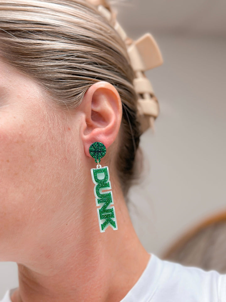 'Slam Dunk' Statement Dangle Earrings - Green & White Glitter