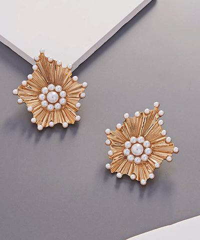 Textured Gold & Flower Pearl Earrings