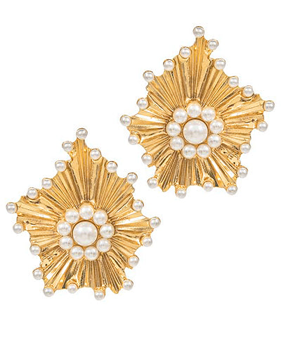 Textured Gold & Flower Pearl Earrings