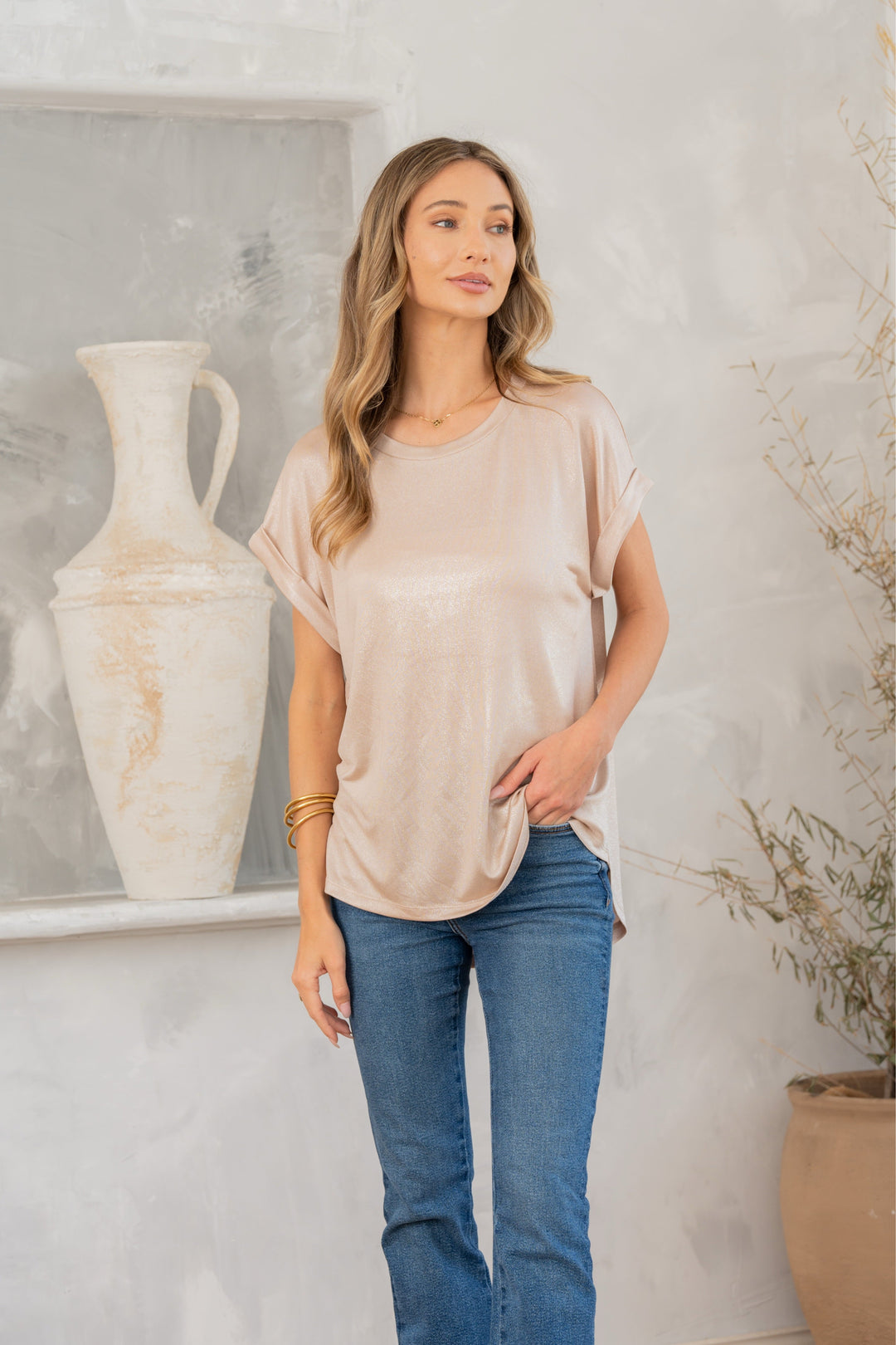 Shimmer Cuffed Top in Taupe - 12/3