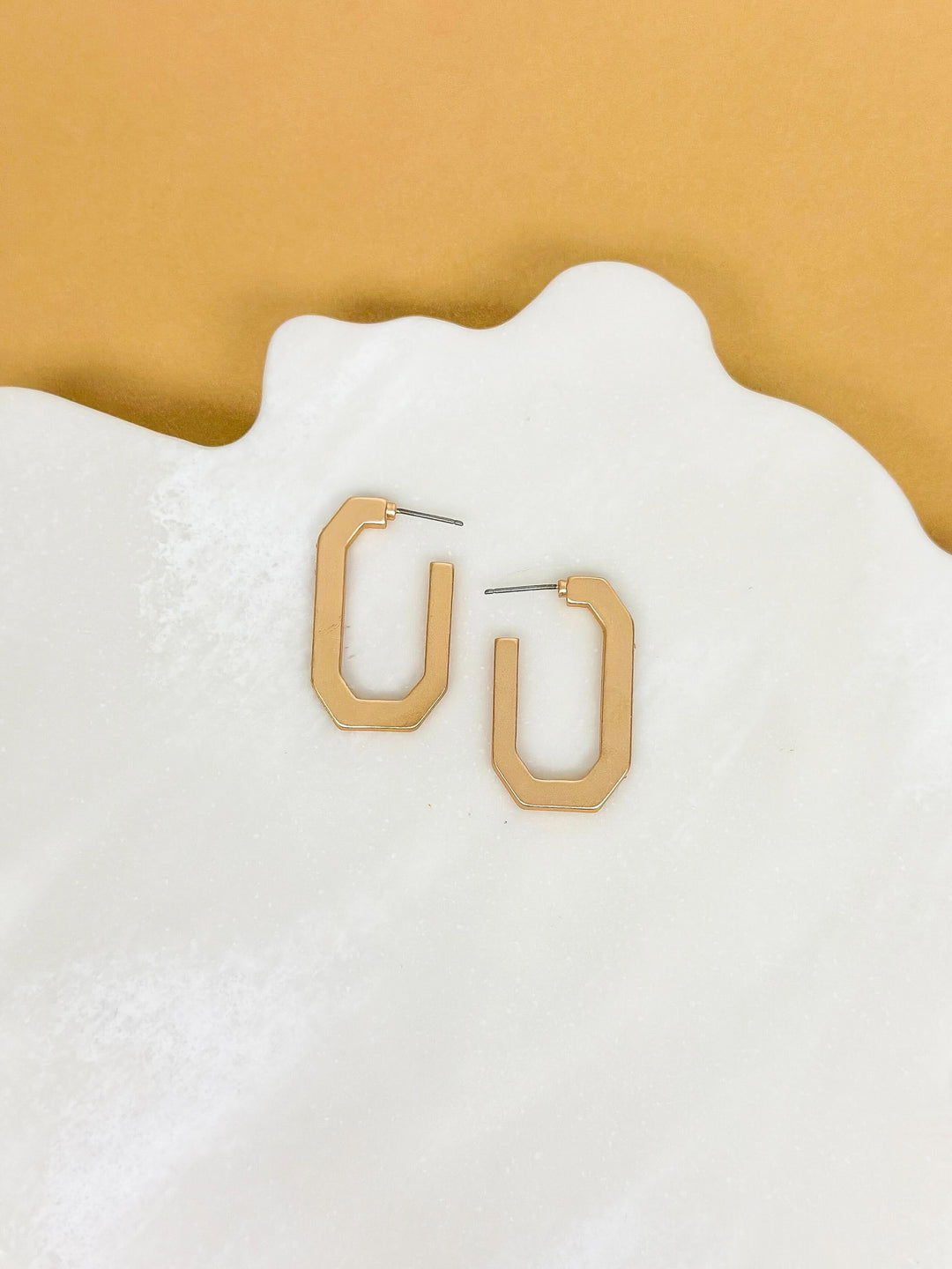 Elongated Octagon Matte Hoop Earrings - Gold