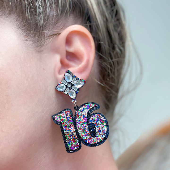 16th Birthday Glitter & Rhinestone Dangle Earrings