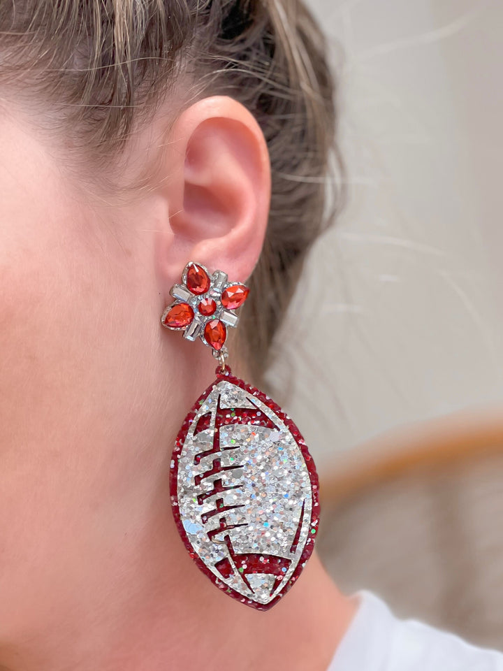 Glitter & Rhinestone College Football Dangle Earrings - Silver & Burgundy