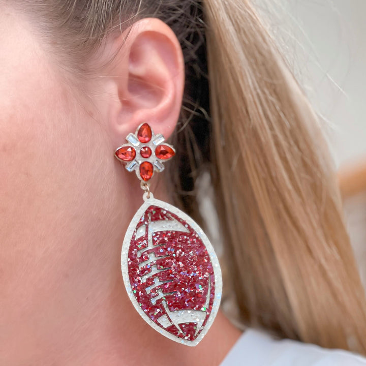 Glitter & Rhinestone College Football Dangle Earrings - Burgundy & White