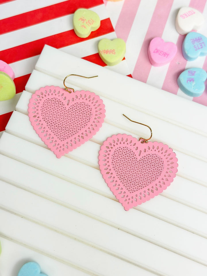 Filigree Heart Dangle Earrings - Pink