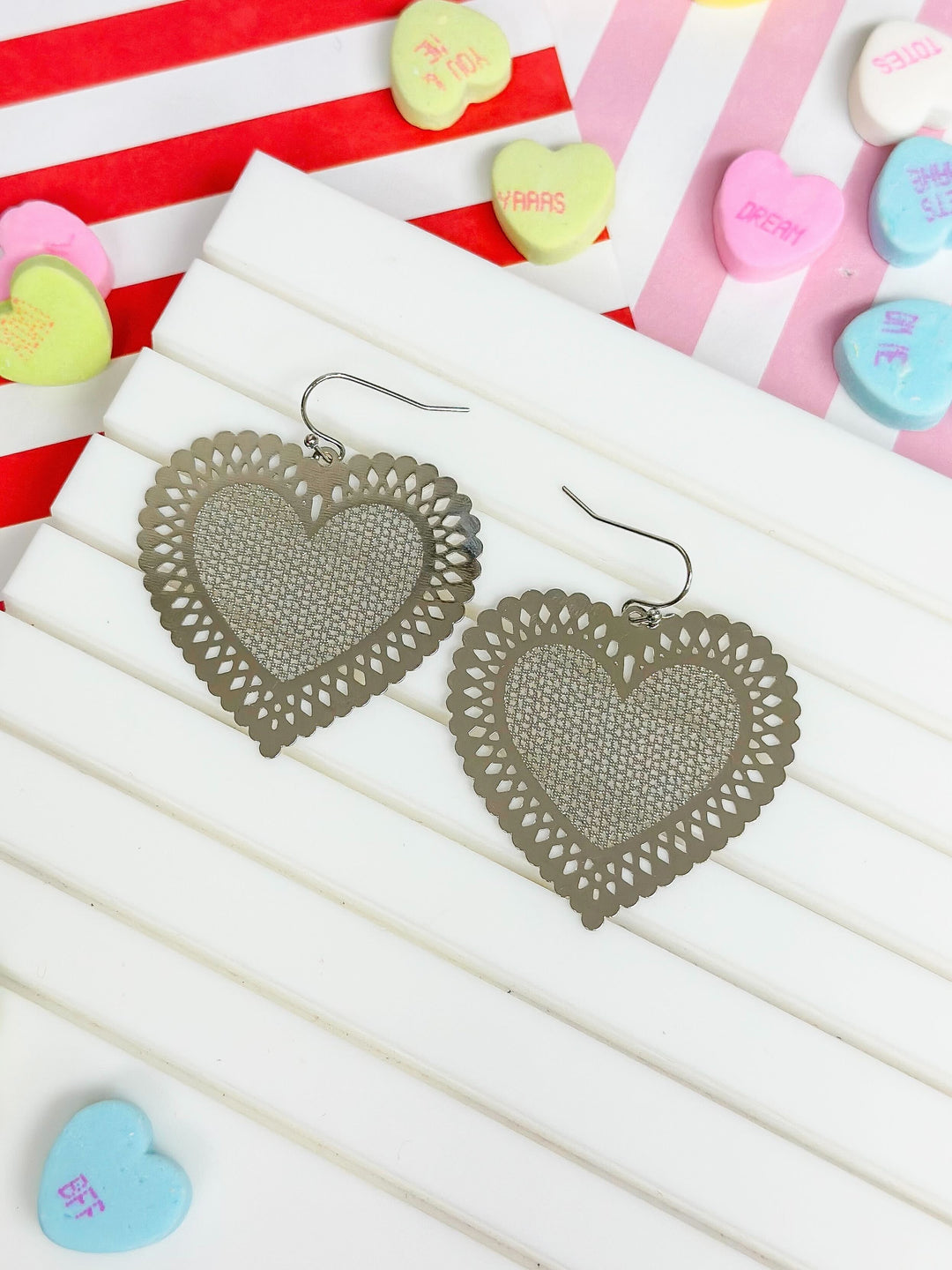 Filigree Heart Dangle Earrings - Silver