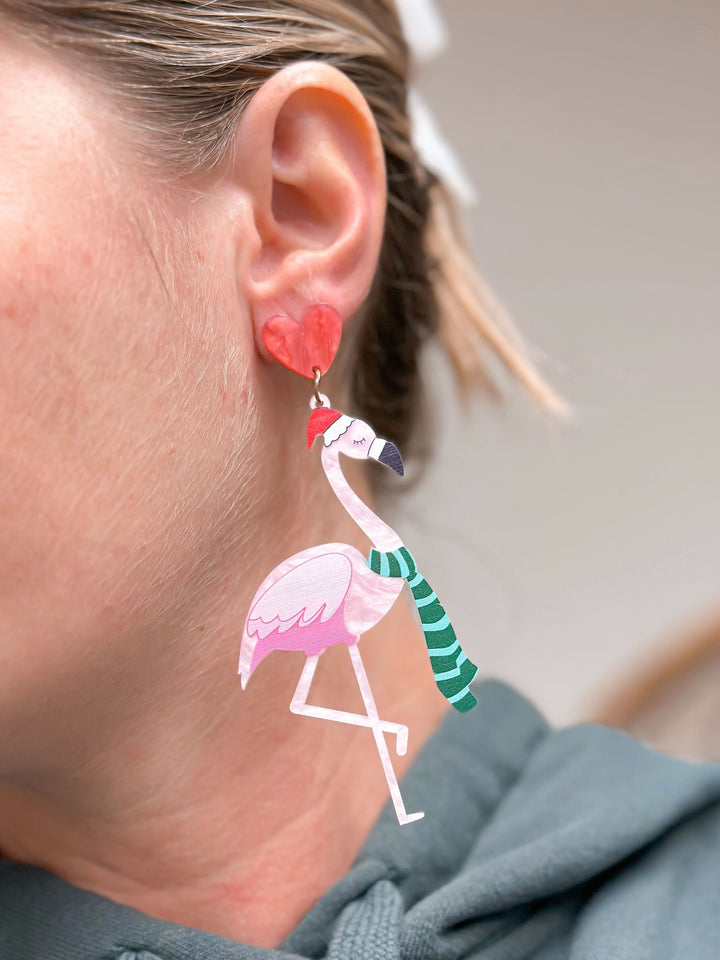 Flamingo Santa Hat Glitter Acrylic Dangle Earrings